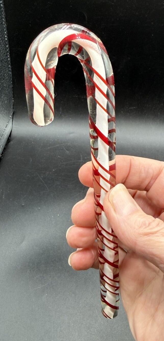 Vtg Heavy Hand blown Glass Candy Cane Christmas Ornament 3D Effect -C36